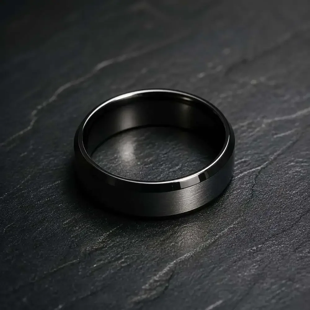 Mens Brushed Gunmetal Tungsten Wedding Band with Beveled Polished Edges Size 9